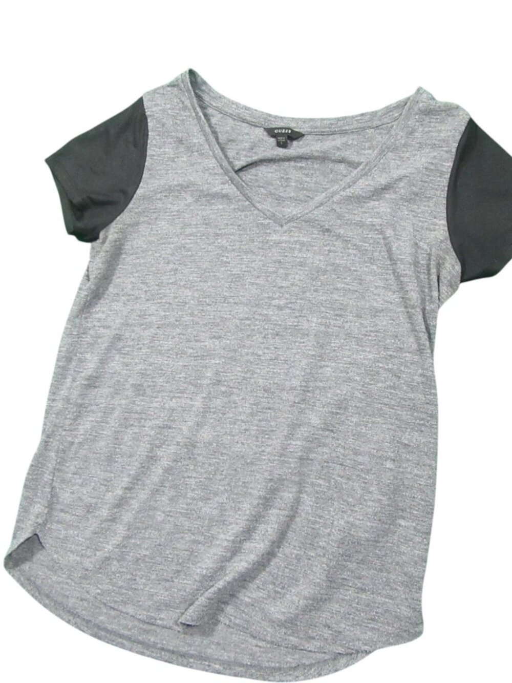 GUESS Womens V-Neck T-Shirt Size Small Gray Colorblock Short Sleeve Casual Tee